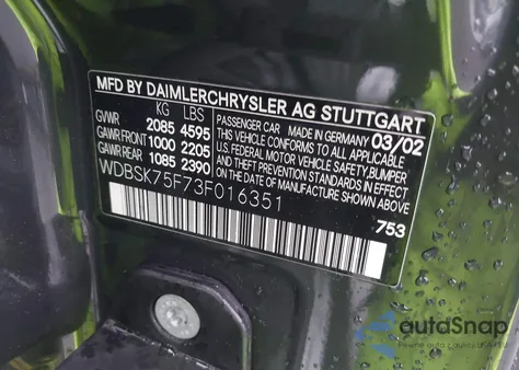 2003 Mercedes-Benz Sl 500 from USA, damaged, VIN WDBSK75F73F016351